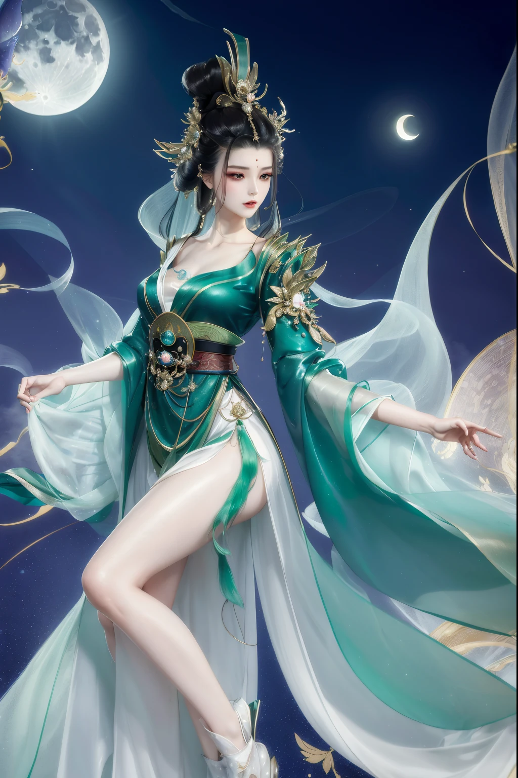 tmasterpiece, Best quality, 1 Beautiful woman, game fairy,full bodyesbian,clean clothing,Clean face,Ancient Chinese green clothing, Hanfu, floating, Flowing tulle,flowing sleeve dress,starrysky, themoon, foggy part, cloud, exquisite facial features, beauitful face, beautidful eyes, Epic work, Cinema lenses