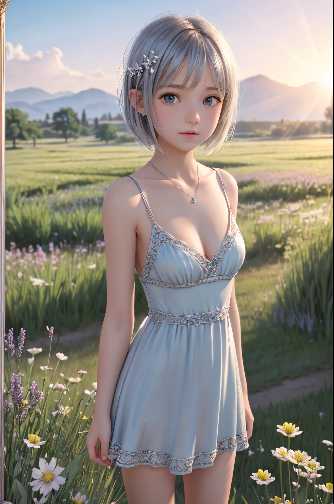 Gentle expression, (High-definition CG 8K wallpaper: 1.0), Strong sunlight, (Illustration), (Small breasts: 1.1), Blue and silver short hair, Marble hair, Frame center, (Reality: 0.8), Young, Cute, art, meadow, girl, solo, thorny dress, model pose, cleavage, cowboy shot, shy, asymmetrical hair, depth of field, blue sky, bare feet,