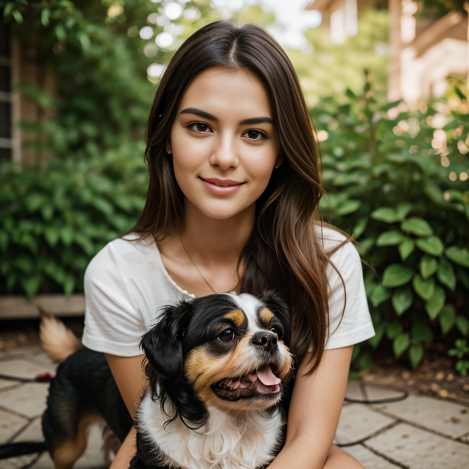 Photograph of a beautiful girl in her home playing with dog, shih tzu dog, happy, fun, goofy, zoomed out shot, long brown hair, symmetrical face, photorealistic, photography, Phone camera, natural lighting, High resolution, Extremely detailed, realistic lighting, natural light, visage naturel, Influencer, Low fidelity, imperfect, textured dog hair, well lit outdoor lighting inspired by instagram photos