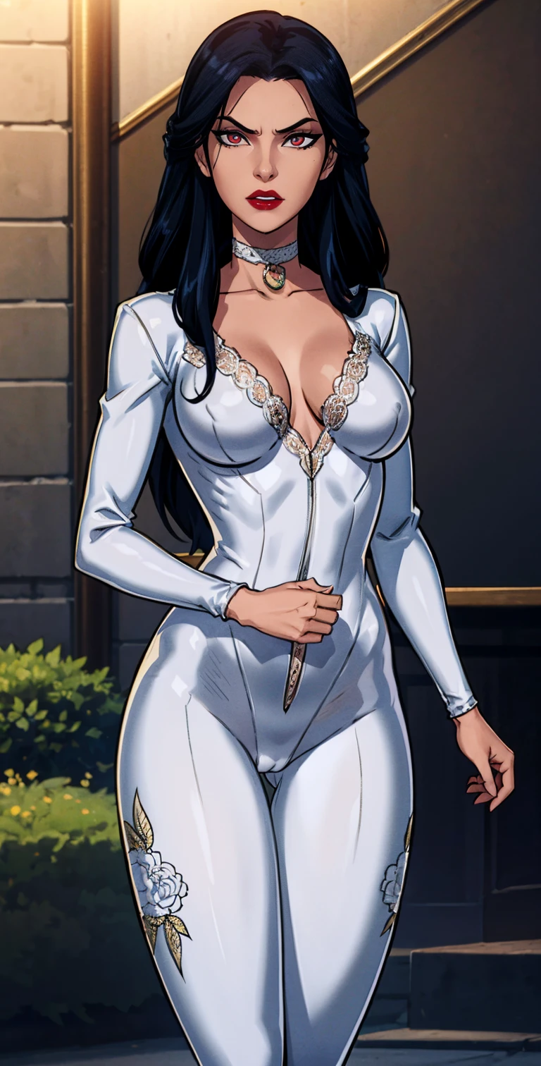 Woman, looking at the viewer, Long hair, slender, red lips, flirting with the camera, white sclera, dark makeup, white choker, jewelry, white intricate foliage filigree embroidered, sleeved, lace sheer v-neck, catsuit, unitard, confident, seductive, dominant, intimidating