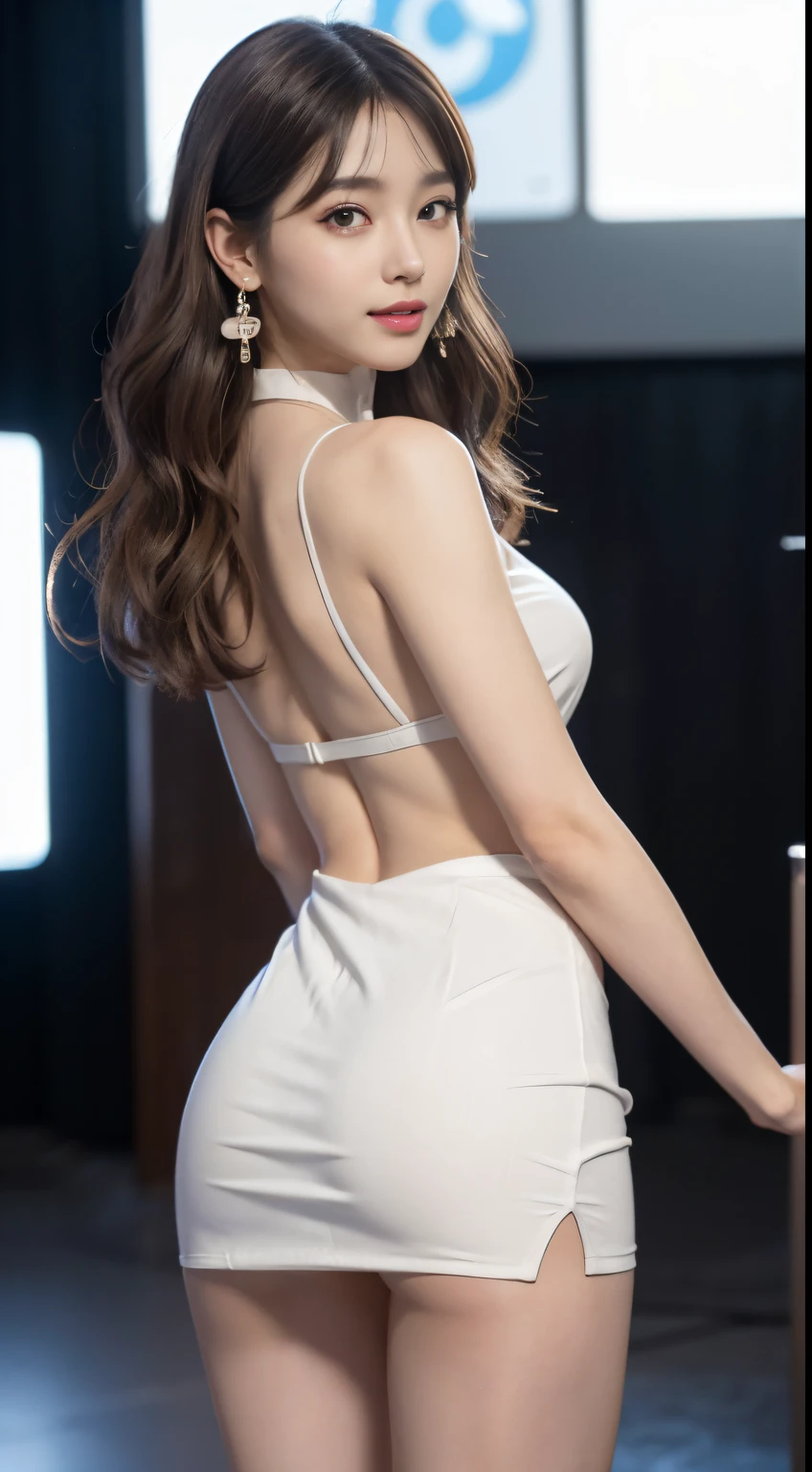 pixiv, process art, 8K, masutepiece, Raw photo, Best Quality, Photorealistic, Highly detailed CG Unity 8k wallpaper, depth of fields, Lens Flare, Ray tracing, (Extremely beautiful face, Beautiful lips, Beautiful eyes), intricate detail face, ((Ultra detailed skin)) 1girl in, In the Dark, deepshadow, Pretty Korean girl, Kpop Idol, 1 girl, (Very slim and slender fit muscular body:1.3), ((Looking at Viewer)),(Big smile:1.3), (neons), (No people in the background:1.3), Beautiful earrings, Bracelets, Necklace, pantyhose, Clear eyes, Walking , Front shot, (pale skin), (Big eyes), Face forward, (Full body shot), (Brown hairs), (Looking at Viewer:1.3), medium breasts, (minidress), ((White Collar Dresses)), (Tight skirt), ((backtrack, Back shot)), Ultra mini skirt, upper Shot、(upturned ass、light skinned、kawaii、Embarrassing、Super beauty、Upturned、While staring at the viewer、Silhouette is Eloi)