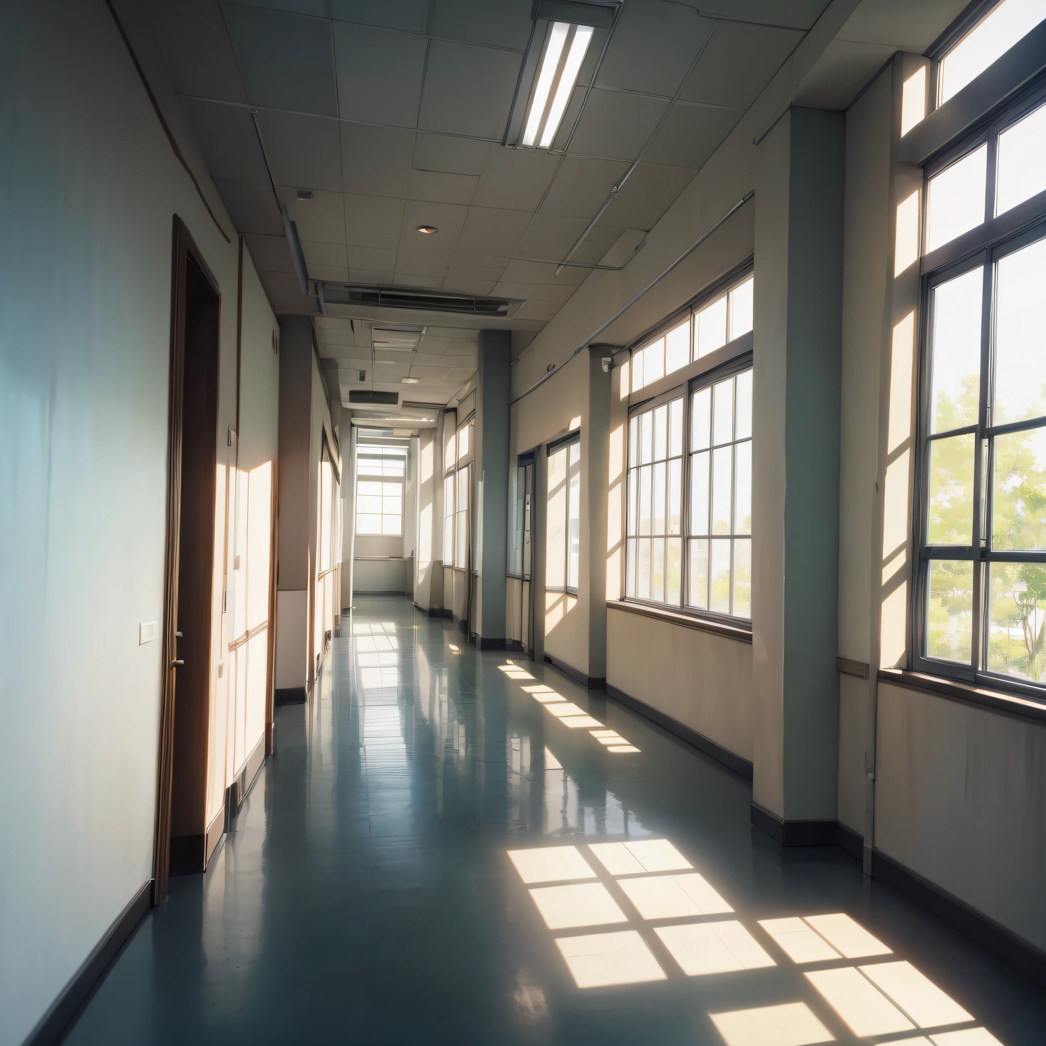 School、Louka,school hallway,light coming through the window, (Anime Style 1.8),No person,Schools,hallway