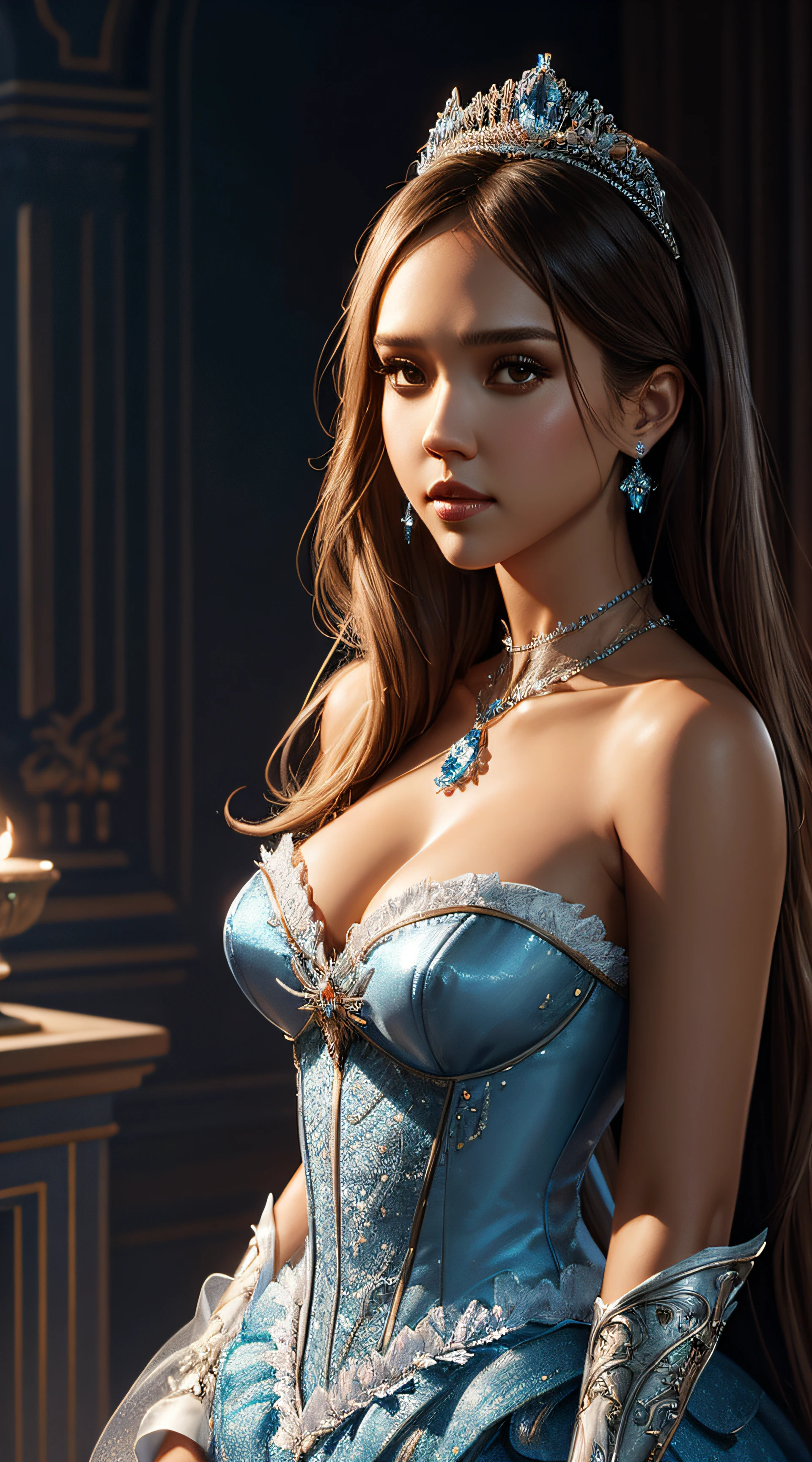 Jessica Alba, cinderella tiara sexy clothes, character portrait, 4 9 9 0 s, long hair, intricate, elegant, highly detailed, digital painting, artstation, concept art, smooth, sharp focus, illustration