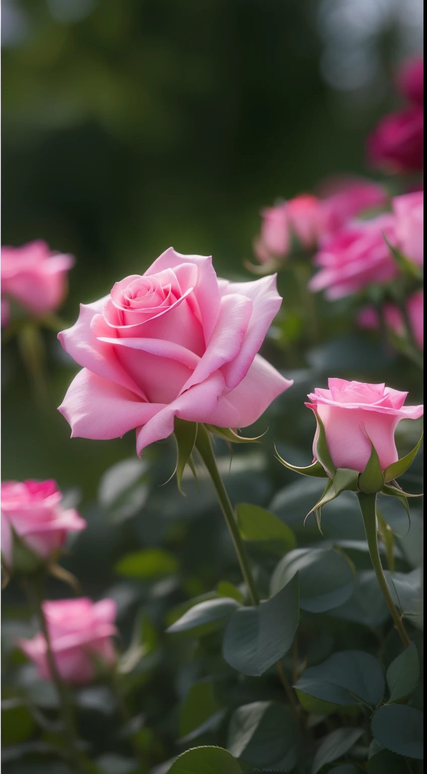 Pink roses grow in the bushes in the garden, Pink Rose, roses in cinematic light, pink rosa, Rose Twinings, photo of a rose, Anna Nikonova, with soft pink colors, photo taken with canon 5d, soft light 4 k in pink, taken with a pentax k1000, Incredibly beautiful, Melanchonic Rose Soft Light