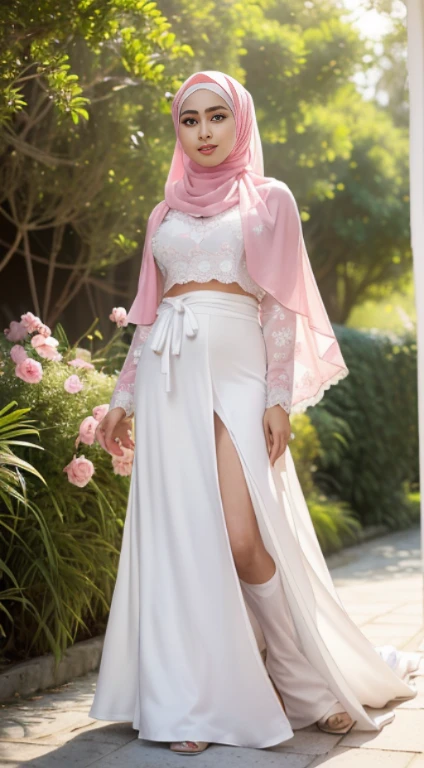 ,RAW, Best quality, high resolution, Masterpiece: 1.3), Beautiful Malay woman in hijab, Masterpiece, Perfect slim body, ((Big breasteautiful big eyes, Soft smile,Malay woman in hijap a white dress with small floral motifs and a pink shawl, wearing a white hijab, perfect hand, wearing beautiful long clothes, wearing a long flowing cloth, white and pink, white silk clothes, white and light pink clothes, big breasts, wearing white clothes long skirt, wearing elegant clothes, malay beauty, beautiful malay woman, wearing sexy dress top, sultry body with sexy belly, morning time, laughing, happy, bright sunlight, flower garden path, blurred background, bokeh