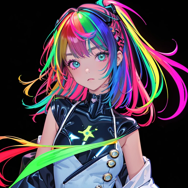 ((masterpiece、top-quality:1.5、a high chroma:1.5、ultra-detailliert、high-resolution illustrations:1.5、Ultra-high-definition CG、8k size wallpaper、offcial art))、(1girl,),(cute face:1.5)、(clear face:1.3)、(sexy body),(),(black rubber suit、cutout,front zipper),(fluorescence multicolored hair:1.5), ((medium breasts))、
,(Glossy costumes),()、(cowboy shot)、rainbow-colored hair