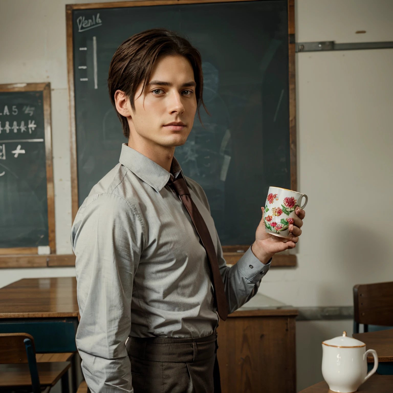 levi from aot as a teacher with tea cup in hand