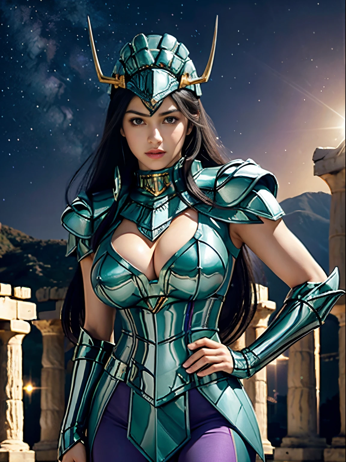 masterpiece, best quality, ultra high res, realistic skin texture, armature, (photorealistic:1.4), high resolution, raw photo, shiny skin, realistic skin texture, best lighting, sparkle, dramatic lighting, dynamic pose, (greek temple background:1.3), night sky, cosmos, milky way, 1girl, (medium breast:1.1), balanced eyes, Dragon Shiryu wearing green silver armor, purple pants, purple short sleeve shirt, wearing dragon helmet, roman skirt plate, (breast plate:1.5), very long hair, cleavage,