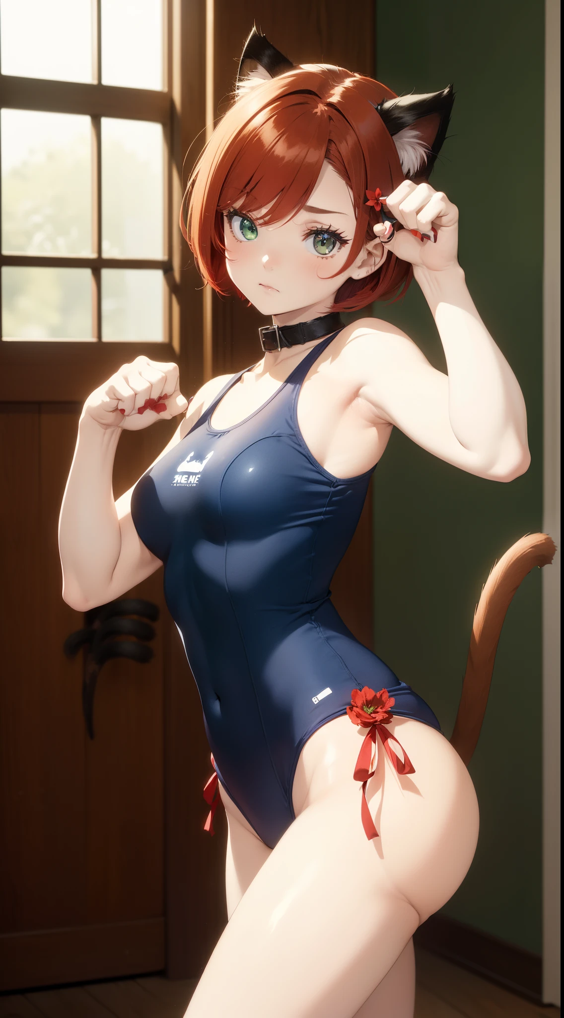 Masterpiece, (strong girl:1.5), (short red hair with with a flower hairpins), (scared face expression:1), athletic, , has cat ears, (has cat tail:1.5), (scared pose:1.5), (wearing thigh blue school swimsuit), broad shoulders, big hips, solo, alone, no cats, has glowing green eyes