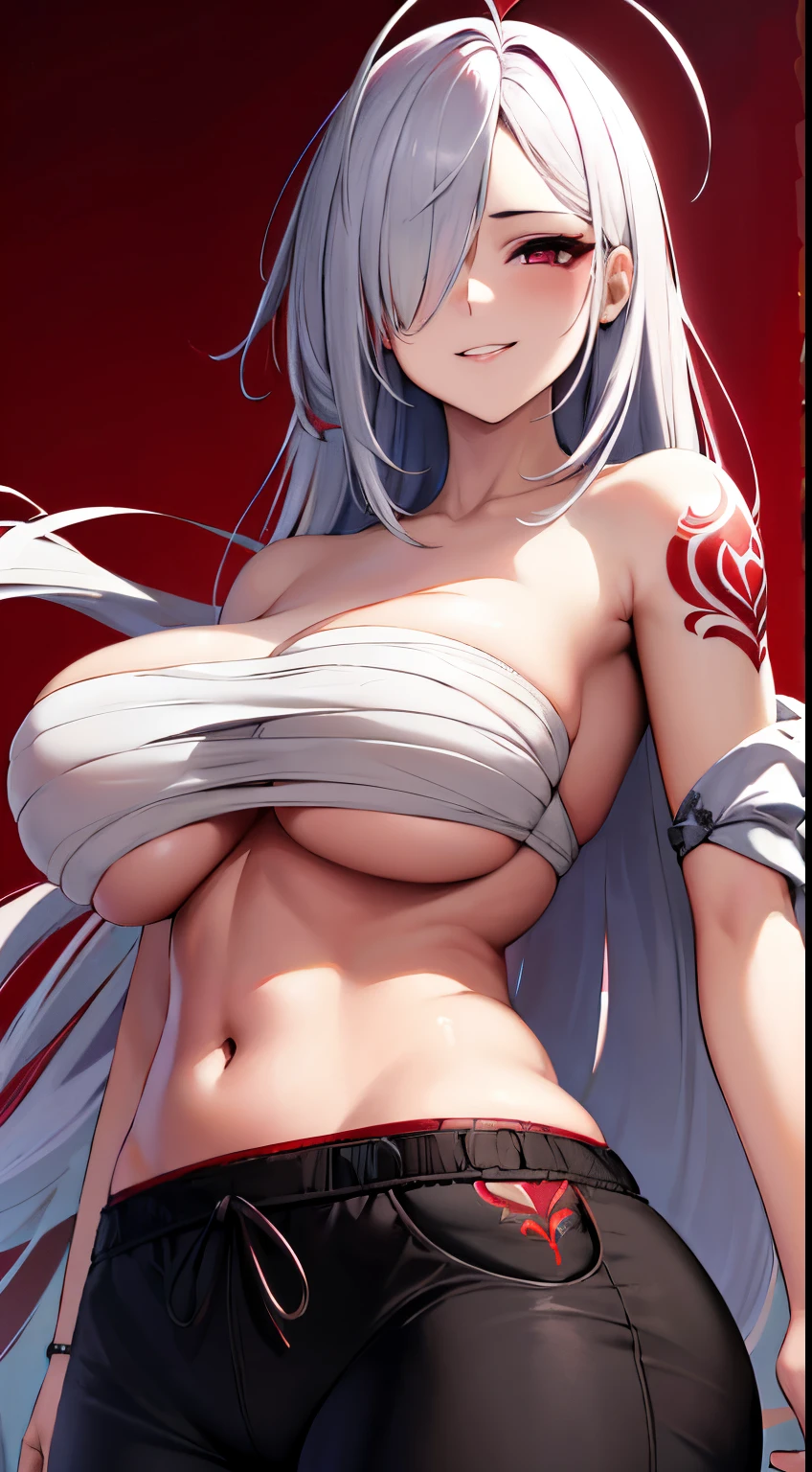 (best quality,4k,highreature women with white hair,red eye, hair covering one eye, bandaged Breasts , red moon background, Tattoo on shoulder ,mature, cool expression ,ultra-detailed,sharp focus,vivid colors,portraits, Night , Hakama Pant , large breast, Navel , Ahoge hair, Long wavy hair, Tattoo on arm, smile, from below view