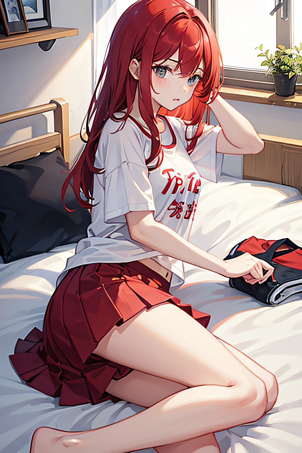 Teenage girl,red hair clothes,sleepy,Bedrooms,The shirt,Side