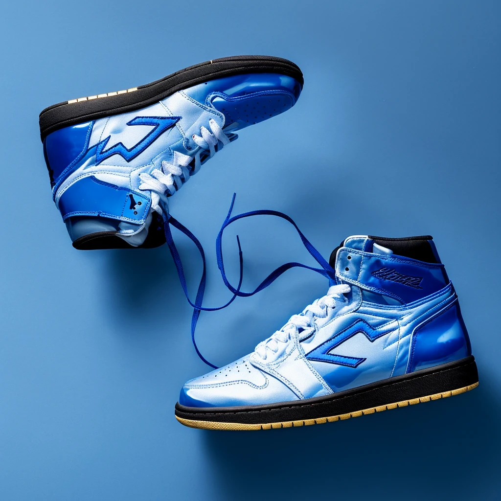 A pair of blue and black sneakers，The white surface has laces, Black and blue, blue and black, quot;Jordan No. 1, Blue-black, Jordan No. 1 high top, Blue-silver and black, blue black gold, cobalt blue, high quality product image”, Gradient blue and black, Blue and black color scheme, Black and blue color scheme