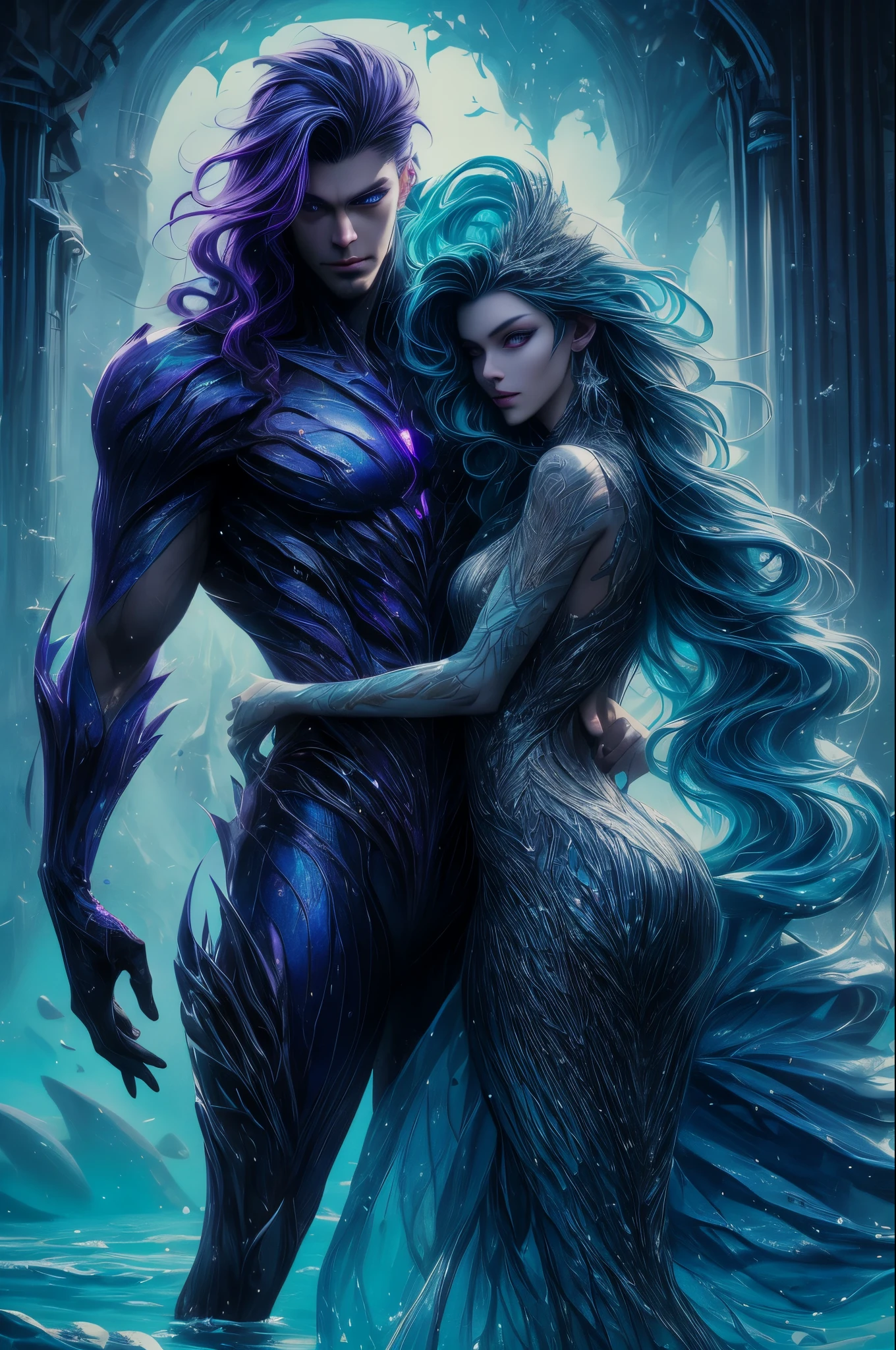 ( Absurd , High quality , ultra detailed to hand ) Mermaid , mermaid tail , dreamy , cute but sexy and brave face . Mature , deep purple hair , long wavy hair , crystal purple eyes , in the ocean with moonlight  , in water , whole body , soft lighting, masterpiece, best quality, particle effects, highly detailed, concept art, smooth, dramatic lighting, highly detailed artwork, cinematic, hyper realistic painting