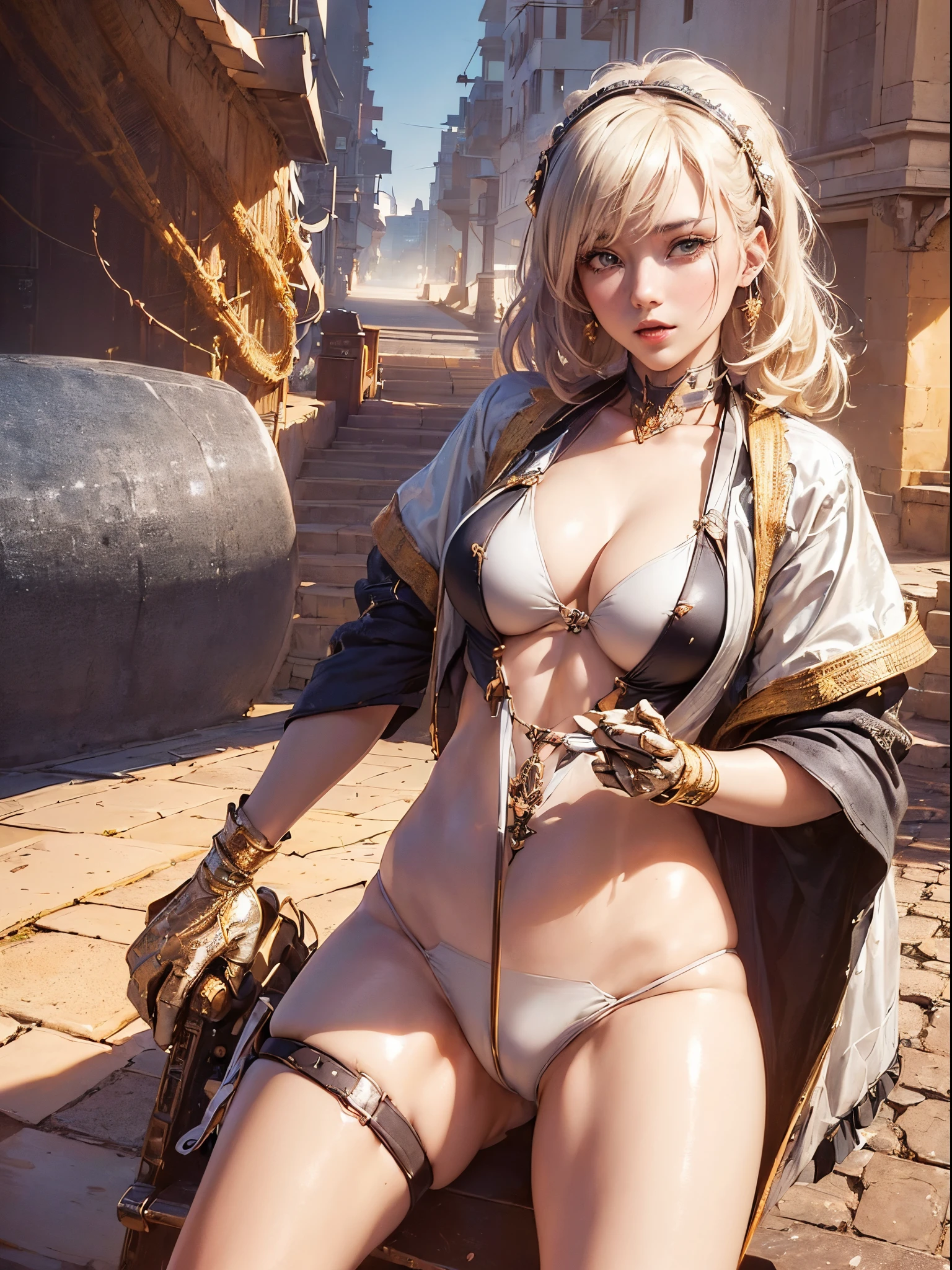 (( (tmasterpiece)，（Very detailed CG Unity 8K wallpaper），(bustshot:1.5), best qualtiy，cinmatic lighting，Photorealsitic, 细致背景，beautiful and detailed eyes，（Very fine and beautiful），（Beautiful and detailed eyes description），ultra - detailed，tmasterpiece，hight resolution)),  ((Dressed in insanely sexy bikini armor:1.4)), Rose gold armor, Richly decorated armor, a beautiful woman warrior, Shorthair, Platinum Blonde Hair, cleavage of the breast, (Perfect Anatomy:1.3)