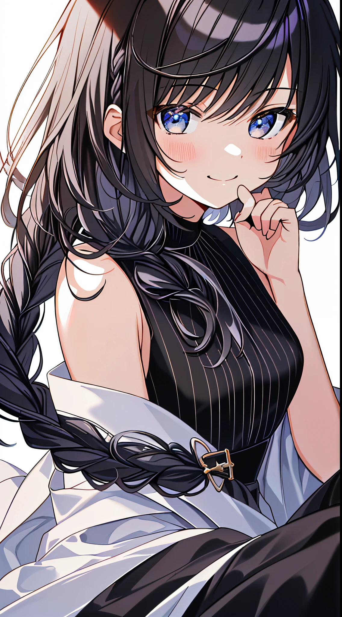 Top quality, masterpiece, high resolution, 8k, pastel color, small li in anime style in luminous yellow shirt and skirt, one, detailed line art, bright white and bright amber style, digital enhancement, anime core, flowing fabric, close-up, hair length to shoulder opening and short braid, beautiful black hair, smile, angle looking up from feet