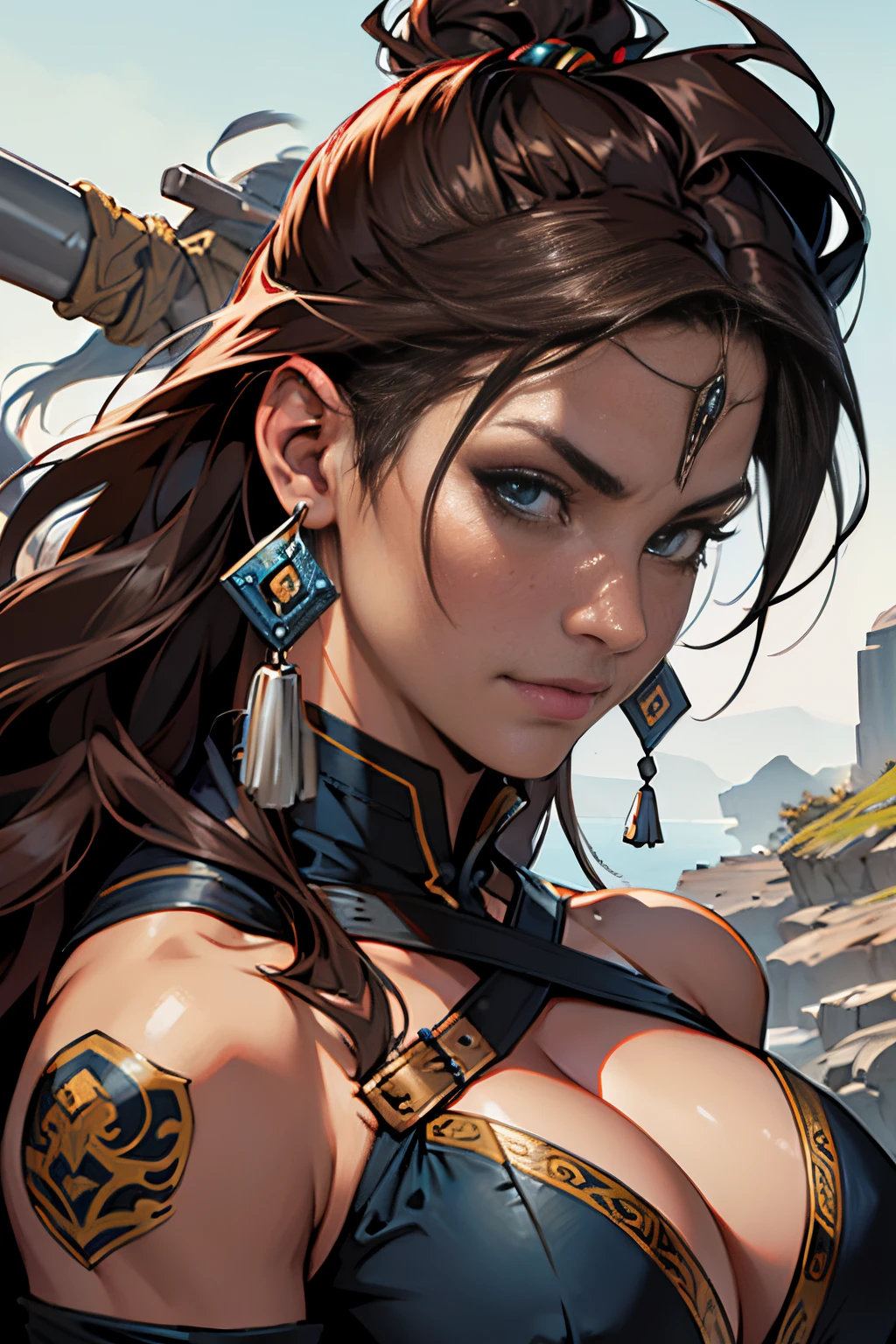 um close up de uma mulher com uma espada e um capacete em, Como ilustrado em Top Cow Comics, david finch, zenescope, barbarian woman, Directed by: Mark Brooks, inspirado por Mark Brooks, barbarian warrior woman, Mark Brooks detalhou, very beautiful female barbarian, Adrian Smith Arte de fantasia, uma mulher berserker muito bonita, Marcos Silvestri, arte da capa dos quadrinhos