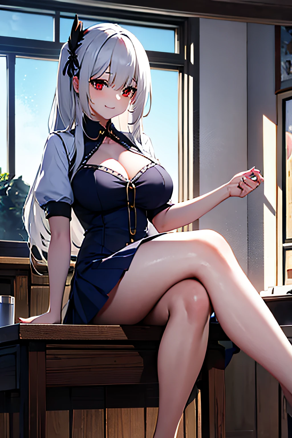 Aula al atardecer, ventana con cortinas, el viento sopla por la ventana, Pelo largo y blanco, with the crimson red eye uncovered, flequillo que cubre un ojo, camisa escolar ajustada y de corte bajo, Sentado en un escritorio, Piernas cruzadas, muslos gruesos, Piernas refinadas, medias negras largas translucidas, sonrisa coqueta, dedo tirando del escote, Botones de apertura, senos expuestos, manga corta, falda azul marino oscuro, POV frontal, cara bonita, High resolution, Mirada enfocada