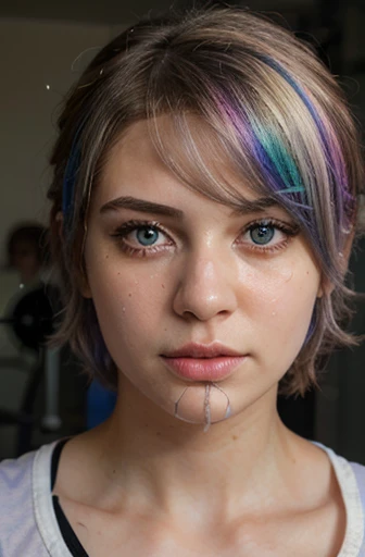 ((high quality, masterpiece:1.4)), 1girl, upper body, gym clothes, white hair, rainbow colored hair, gradient hair, pretty face, beautiful face, beautiful eyes, beautiful girl, pretty girl, perfect facial shape, absurdres, realistic proportions, dynamic pose, high details, intricate, intricate details, realistic eyes, realistic eye proportions, sharp focus, 32k, realistic lighting, extreme details, realistic pupils, realistic proportion eyes, realistic proportions pupils, realistic shadows, evafie, cum on face, facial, bukkake, cumming on girls face, crying, sad