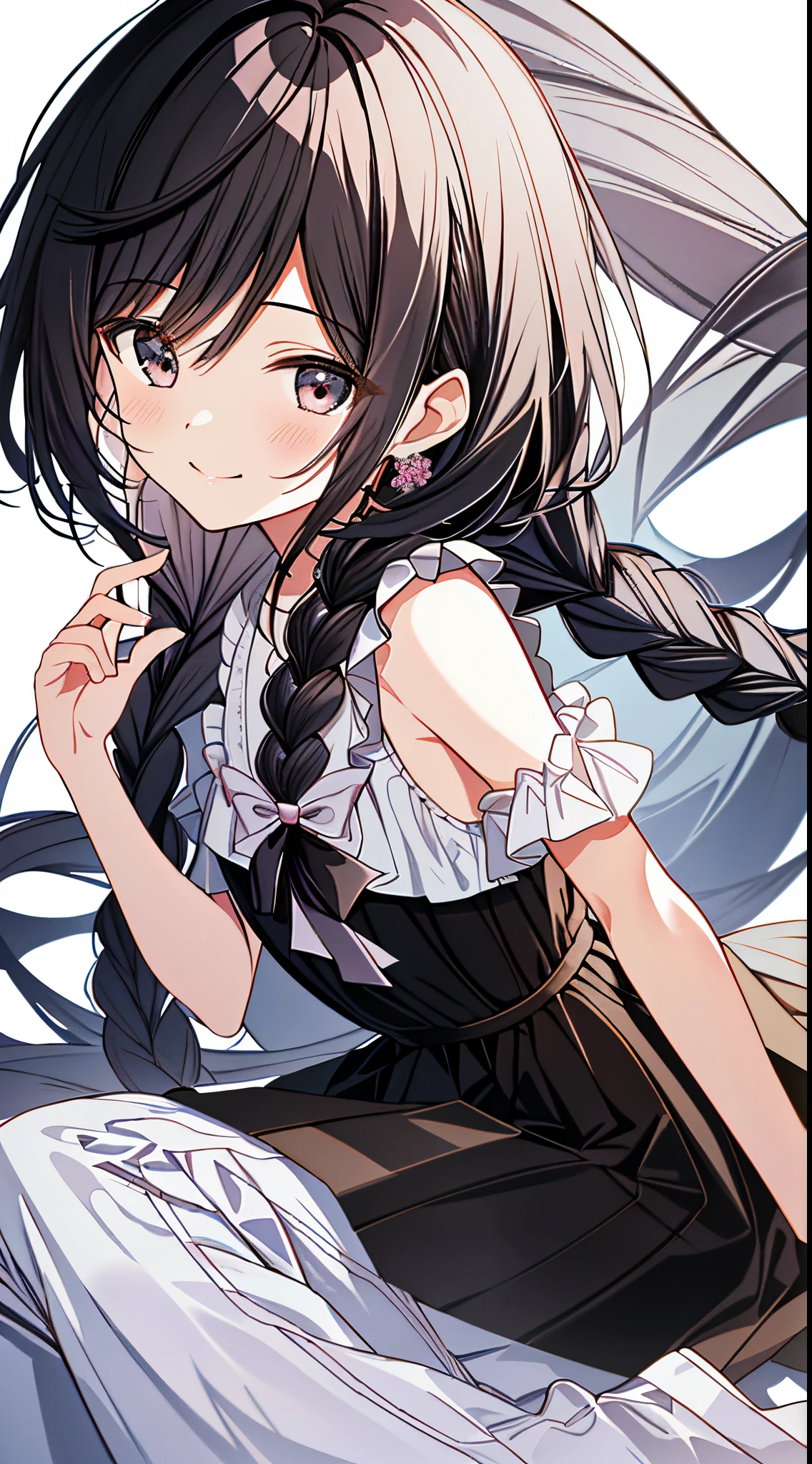 (Incredibly Absurdres Absolutely Resolution: 1.5), Top Quality, Masterpiece, Ultra High Definition, 8K, Early Summer, (Wide Pants, Sleeveless with Black Stripes), Shojo Manga Style , One, Soft Line Art, Digital Enhancement, Shojo Manga Touch, Shojo Manga Core, Flowing Fabric, Close Up, ( shoulder-length hair length and short braid)), soft drawing, fluffy, soft, beautiful black hair, clear eyes, (((gentle smile)), ultra-detailed digital anime art, clear face depiction, ultra-detailed shoujo manga character art, clear facial features, ultra-detailed manga style, top quality colors, hand gestures, angle visible to the feet, nature, zentangle: 1.3, entangle、beautiful and aesthetic:1.3、High quality:1.3