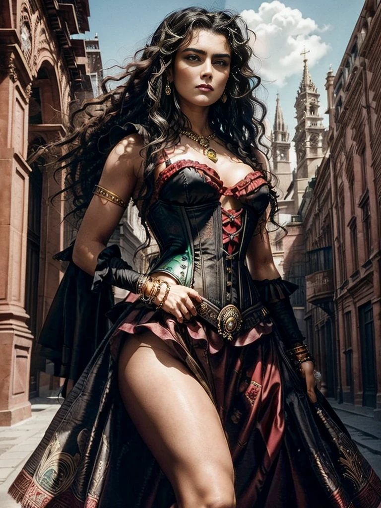 A beautiful woman, with a slightly rounded face, with panther green eyes, the posture and beauty of a Persian queen, with long curly black hair, with a sensual mouth, a happy and vibrant woman, sexy and beautiful, an emerald amulet on her neck, ((wearing a corset black)), ((with jewelry and bracelet on her arms)), ((red circle skirt of a gypsy dancer style from the Victorian era)), in the background Seville cathedral in Spain, wallpaper 4k, 32k Ultra, Ultra Hd,
cinematic lighting, movie poster, Top Quality、超High Resolution A