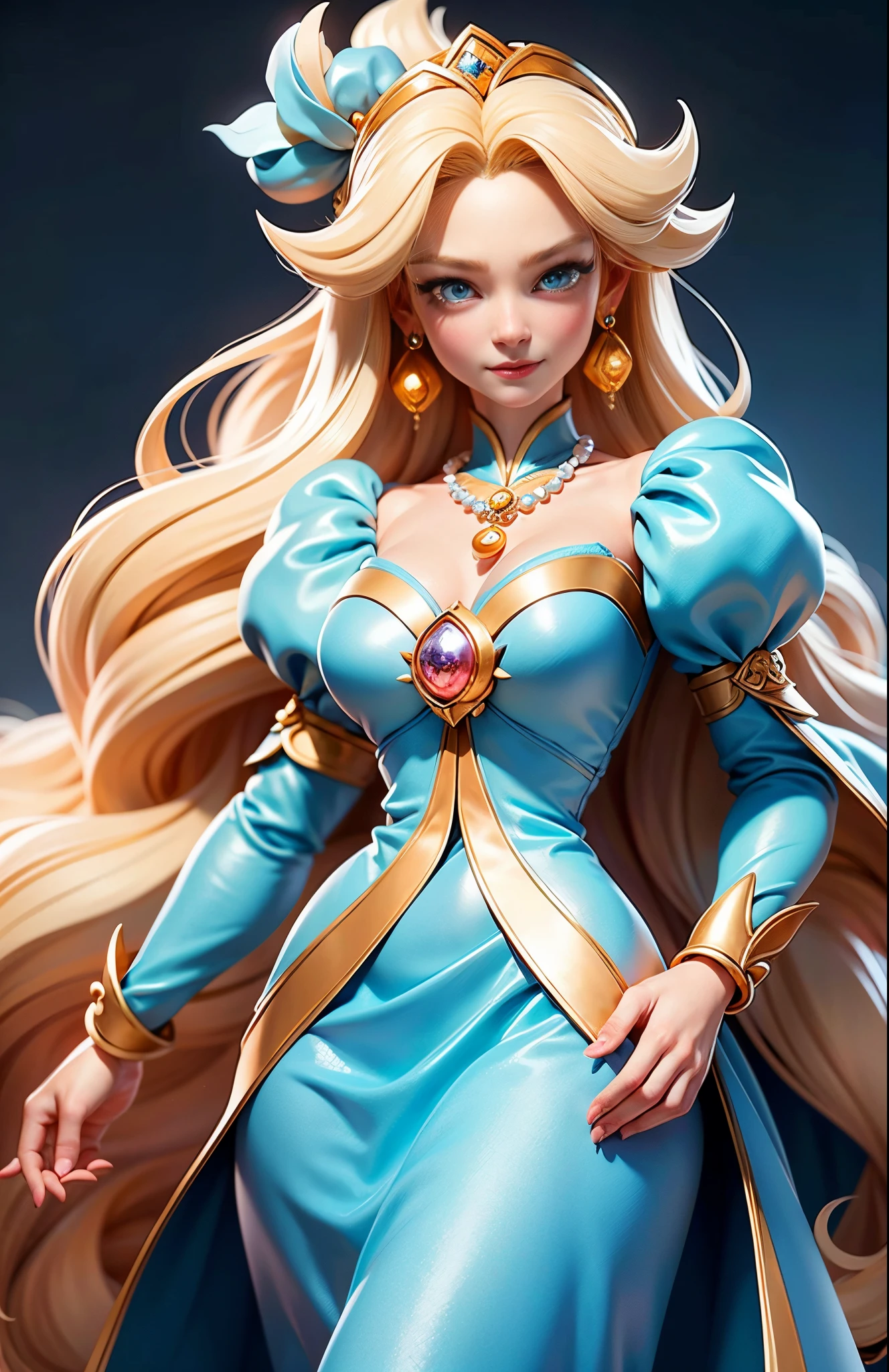 Princess Ba,Long blonde hair,The eyes are bright,big chest and thin waist,Blue princess dress,Ribbon necklace,Pearl earrings,ellegance, tmasterpiece, Best quality:1.2),(8K,A high resolution,RAW photos,actual,realistically:1.3),(Detailed skin texture,The texture of the fabric delicate,beautiful detailed face:1.25)