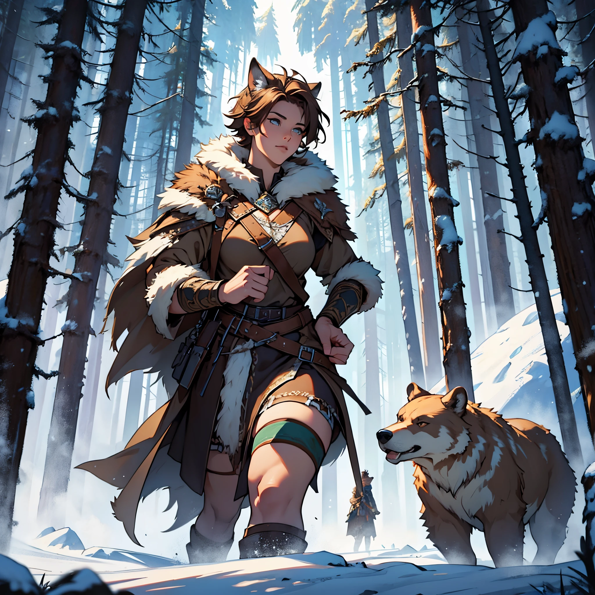 masterpiece, Best Quality, detailed, Cinematics, 4k, Background with: In front of Highland Stonehenge, Barbarian female druid wearing wolf skin...(brown short man hair), with the bear