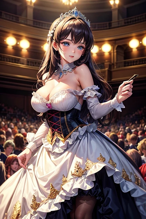 masterpiece:1.4, best quality:1.4, 8K animation, {A beautiful, bewitching, kinky, lecherous princess}, Gorgeous, mature and pretty crinoline ball gown, on concert stage, Lift the skirt to show the pussy, off shoulders, big breasts