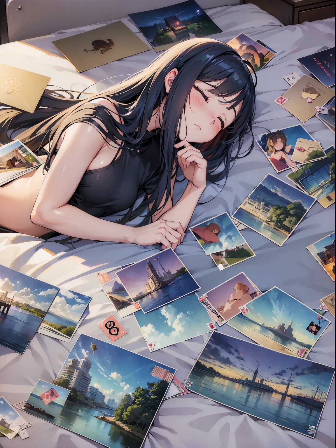 (RAW Photos, Best Quality), (animesque: 1.2), ((((Postcards scattered on the bed)))), ((1womanl)), ((Are sleeping)), ultra-detailliert,