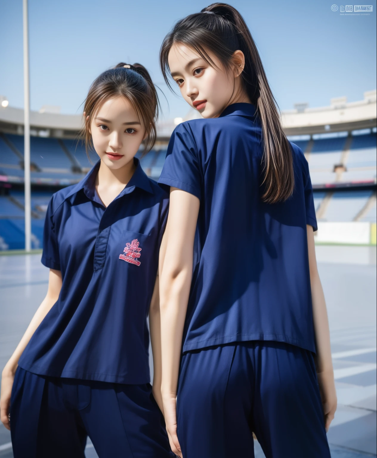 (bestquality,10,10,highres,masterpiece:1.2),ultra-detail,(Realistic,photorealistic portrait,photo-realistic:1.37),1 Cute girl in the football field,oily shiny skin,bara,light smile,BDclothelue shirt:1.3)),short sleeves,shirt, trousers.,(navy_long_Pants Track:1.1), ((Stadium Background:1.3)),dynamic angle,excited,face focus,Dynamic Poses,from behide,Ass Focus,masterpiece, bestquality, ultra realistic, hyper-detail, 8k resolution, RAW photo, crisp focus, ((Navy blue shirt:1.1)), short sleeves, Long Path, Perfect body, 2 mature women, 18yo, cinematic light,Blue sweatpants,Gymware,Correct anatomy,Complete body, Correct body, sharp face, Anatomically correct body, full entire body, Realistic gestures, long-haired, Realistic poses,Wear long shorts..............................,Long leg span,Shapely,Sculpting Girl, Slender Figure, mannequin mannequins, Shapely, Beautiful body,Blue sweatpants, Two girls kissing