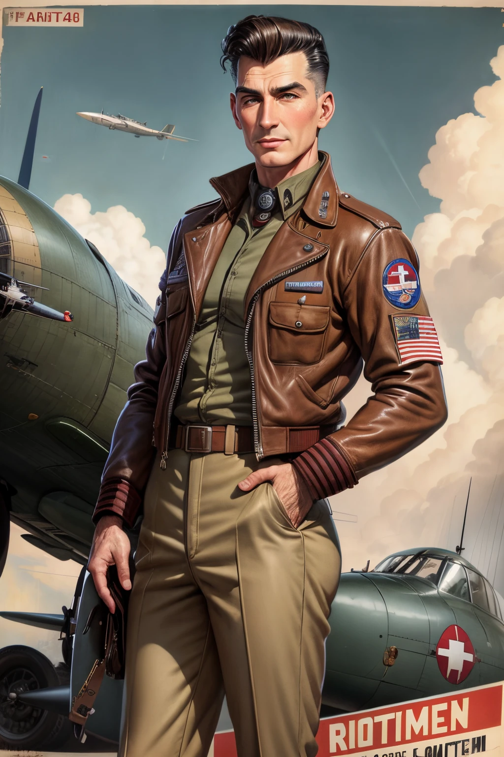 postcard design, extremely detailed postcard or poster artwork, 1940s, a man as bomber pilot in world war 2, brown leather jacket, hangar in the background, alberto vargas,  ron embleton