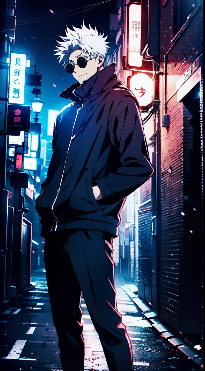 epic composition, city ​​street, Japan, deserted street, the night, flashing in the background, Red and blue color, (tmasterpiece, beste-Qualit: 1.2), male focus, 1boy, Gojo Satoru, round eyewear, Sunglasses, hands in pocket, blindfold, black jacket, (Masterpiece:1.3),(Best Quality:1.2),8K,absurdress,Unity 8K WallPapper,(Extremely detailed:1.3),supreme, hight resolution, Amazing, illustartion, Beautiful studio soft light, Stunningly beautiful, incredibly absurdres, Vivid details, Cinematic lighting, moody lighting, pixiv, Award-winning, Professional, Highly detailed, Gojo1, inform, looking a viewer, Smile, Short hair, 1boy, Standing, jacket, white colored hair, male focus,spiked hair, facing viewer, (red background:1.1), high collar, blindfold, (Magic:1.3), (aura:1.3),