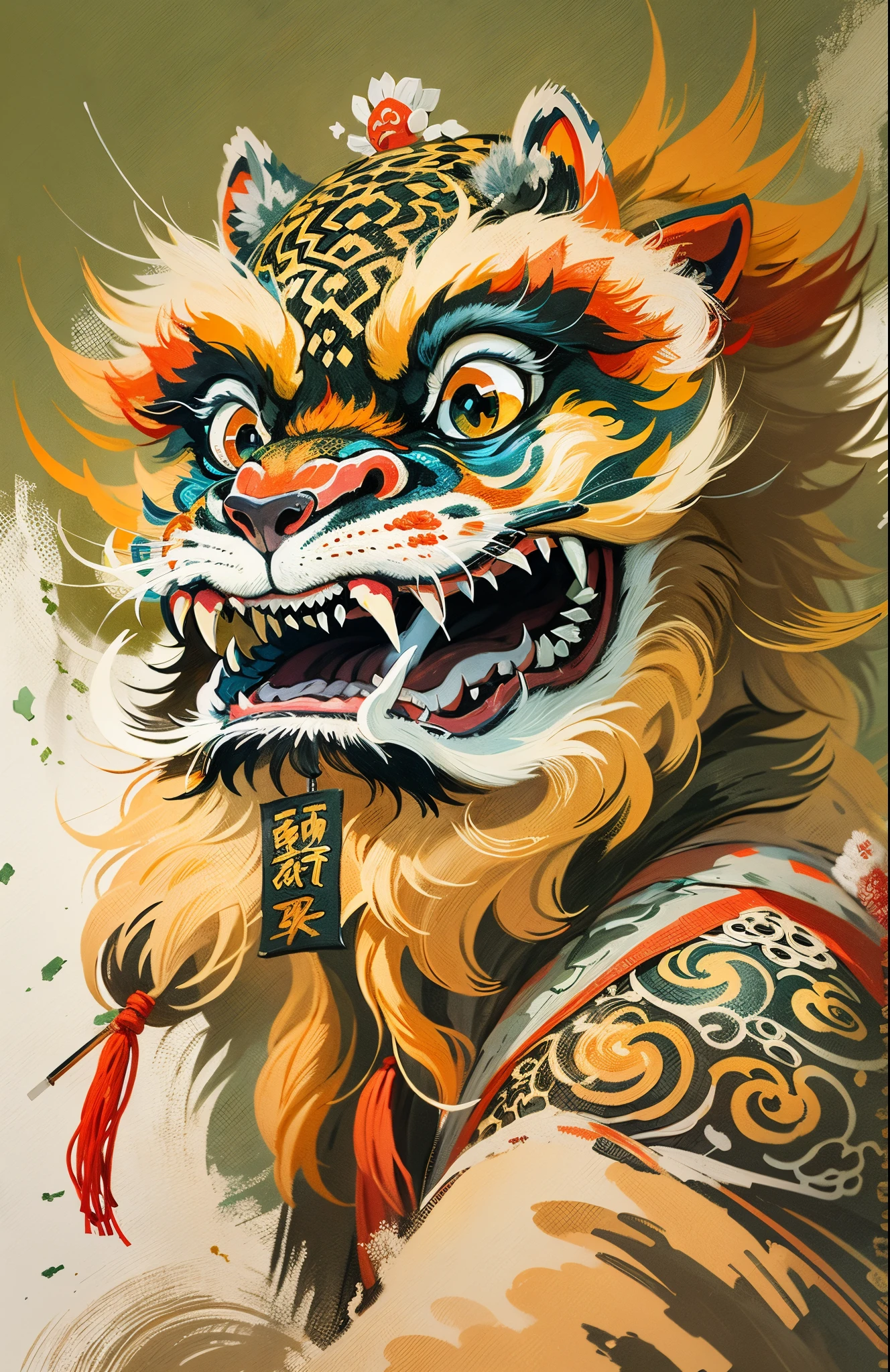 Brush hand painting, illustration, ink painting, a Chinese lion dance from Chinatown, beige and high saturation bright colors