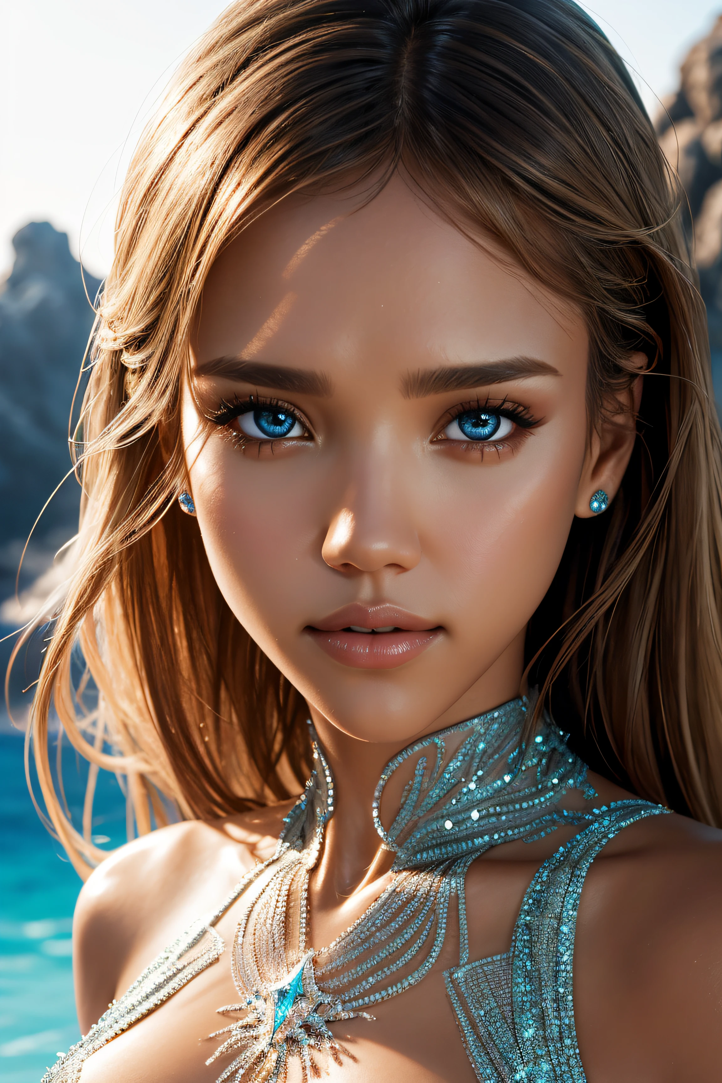 Jessica Alba, wearing crystalline swimsuit transparent. professionally retouched, soft lighting, realistic, smooth face, perfect eyes, sharp focus on eyes, 8 k, high definition, insanely detailed, intricate, elegant. in a natural background.
