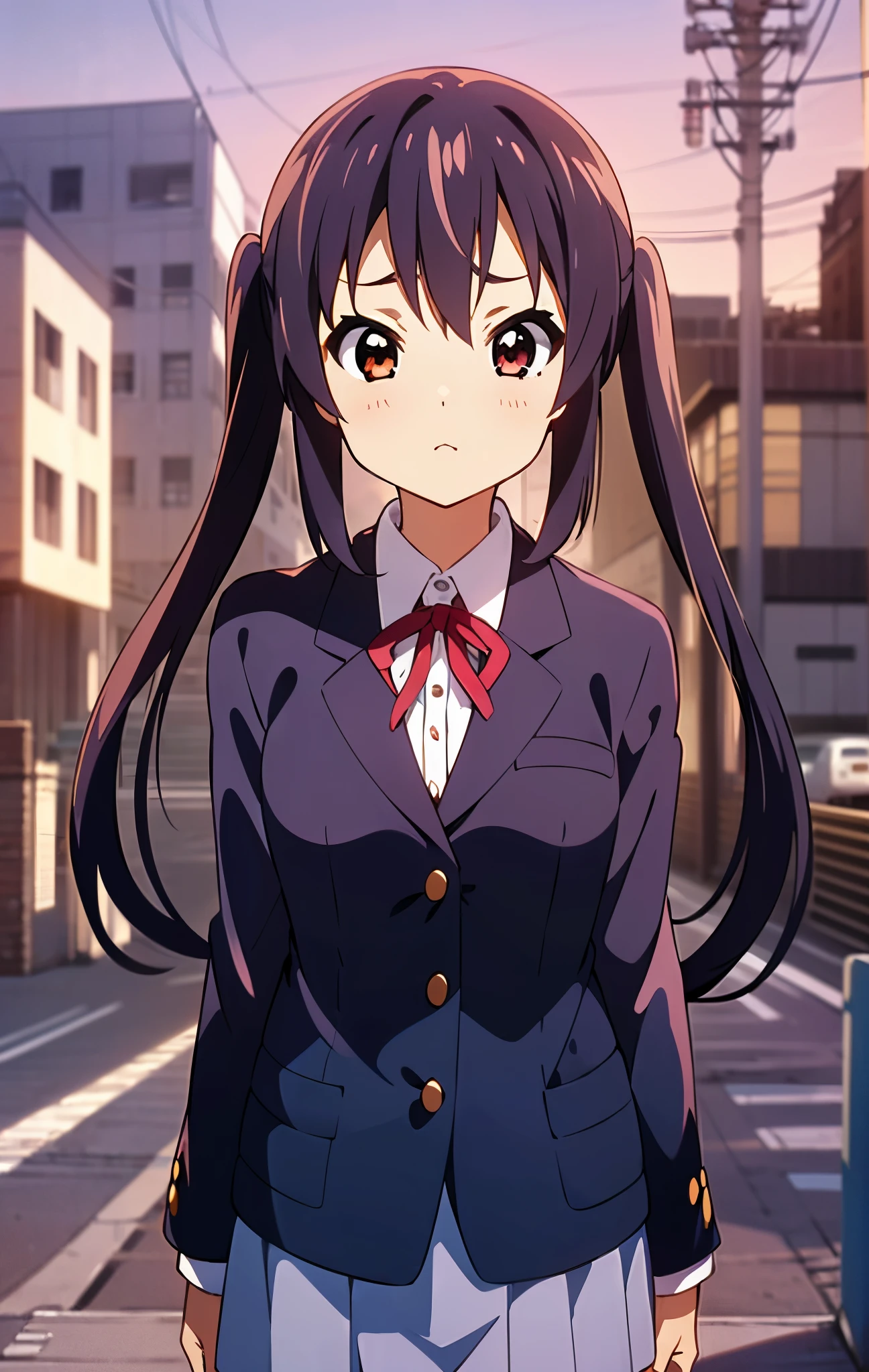 1girl, (((masterpiece))), highest quality, best quality, high detail, nakano azusa, 1girl, sakuragaoka high school uniform, school uniform, twintails, long hair, black hair, brown eyes, solo, red , a navy blue blazer with red narrow ribbon, a solid white buttoned shirt under the blazer, illustration, cartoon, soothing tones, calm colors, soft cinematic light, adobe lightroom, photolab, hdr, intricate, highly detailed, ((((depth of field)))). (((takeout))).dynamic focus.((big breasts)).(((Skyscrapers))).(((A city scape))).(((serious))). closed mouth.(((up chest))).((evening glow)).((the setting sun)).