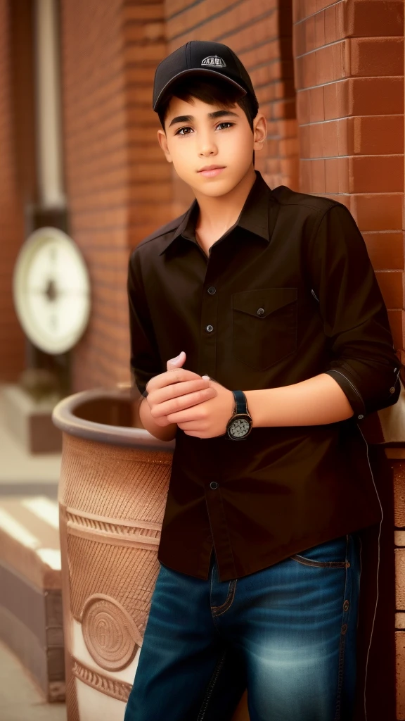 A boy with short Brown hair and Brown eyes wearing a black shirt realisti c realistic face and mack