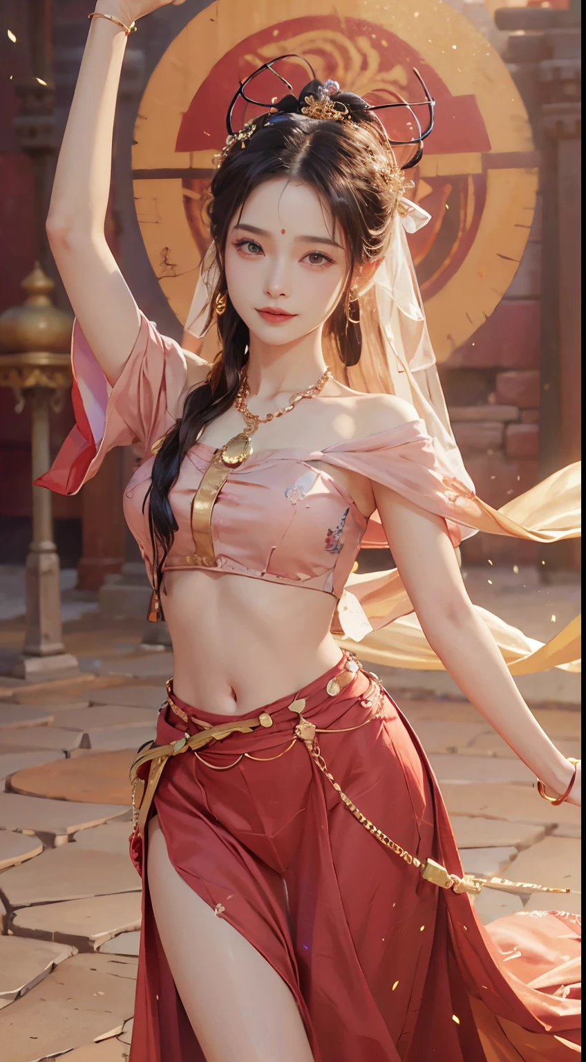 one-girl,30 age old,Delicate and beautiful oval face,Red dots on the forehead,Skin brightening,Blushlush,largeeyeull bodyesbian,Long legs,Red skirt,open belly button,Gold waist chain,golden jewelery,Round ribbon,Flying ribbons,particulate, The background the ancient city of Loulan, Ancient city walls, A desert, danceeautiful scenery of the Western Regions(8k,RAW photos,quality,tmasterpiece:1.2),(force:1.4),(Highly detailed CG one 8k wallpaper), (8K, RAW photogr, Best quality at best, tmasterpiece:1.2), (actual, Photo-pressing:1.4), (Extremely detailed CG-8k wallpaper), wide angles,Smile right at the camera,8K quality,Nikon D800