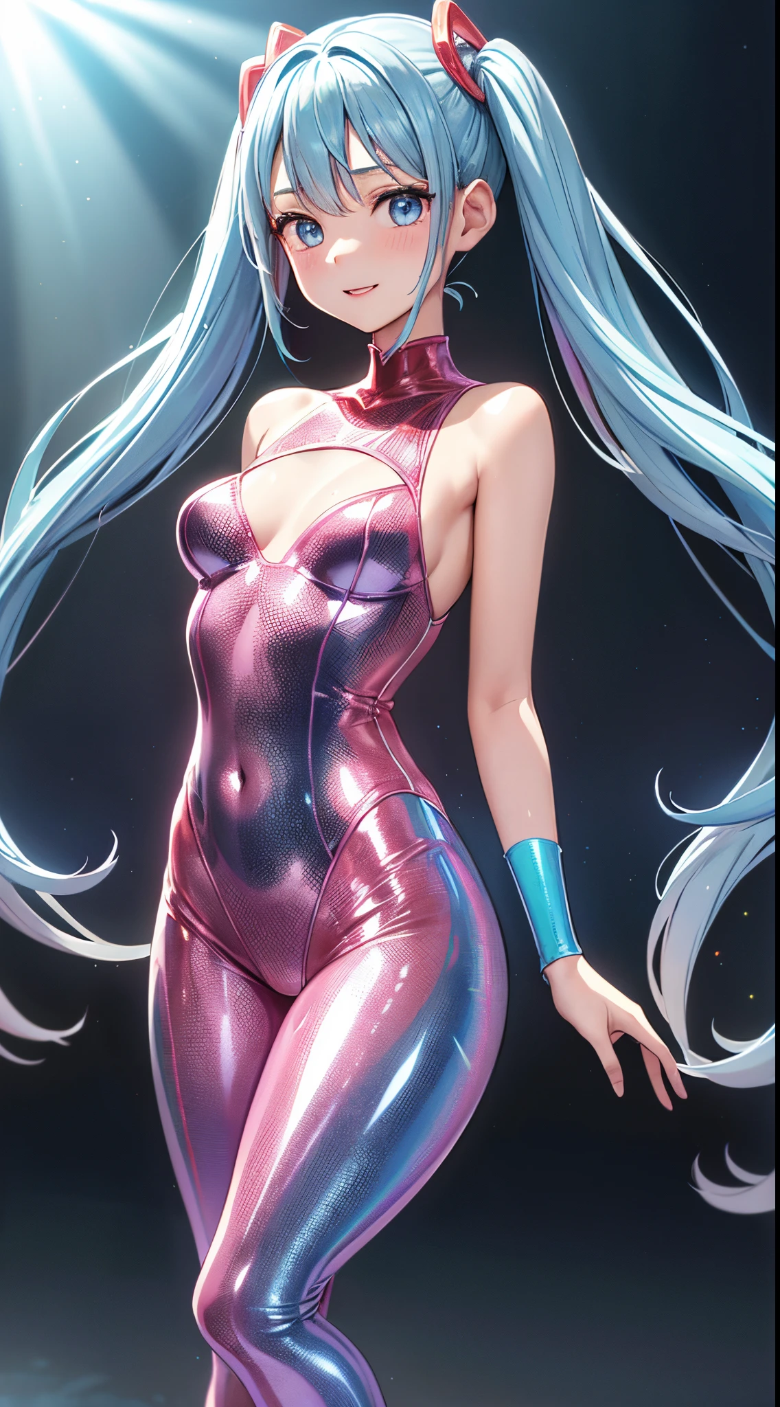 (Angelic Very beautiful cute girl),
Beautiful detailed eyes,
Detailed double eyelids,
(Cute eyes),
Light blue long hair、Focus firmly on the chest of the twin tails, Beautiful detailed face and eyes with adorable smile,
drooping eyes,BREAK
(Super Gloss Metallic Coral Rainbow Transparent Holographic Suit:1.2), (Super Tight Fit Holographic Suit、Superreflective surface:1.5),
(Super Tight Fit Holographic Suit:1.5) ,
(Super Reflective Holographic Suit:1.3),
small nose,(:1.3),
Beautiful best quality:1.2),
Raw photo,
High resolution,
perfect detail,
Professional Photography,
Professional Lighting,
Strong lighting of the bodysuit,Outdoor photography,Long leg、