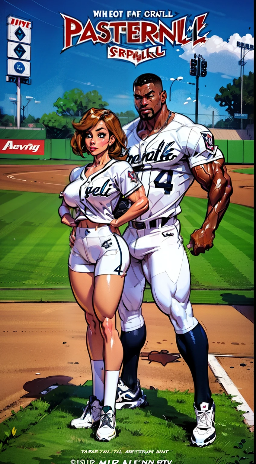 The cover art for the 80s buddy film featuring two baseball players , 1girl, 1boy, uniform too small for breasts, detailed eyes, ((slendered abs )),((huge breastull bodied), wide hipake lips:1.5), muscular (whiteskin:1.1) showcases the dynamic duo in action, set against the backdrop of a vibrant baseball stadium. muscular man, With bold and electrifying colors, the male and female players are depicted mid-swing, their expressions filled with determination and excitement. The retro typography and energetic composition capture the spirit of friendship, sportsmanship, and the thrill of America's favorite pastime, promising an unforgettable cinematic experience.