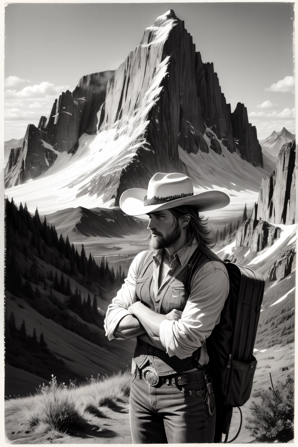 postcard design, postcard of a man wearing a cowboy hat overlooking a mountain range monochrome damage