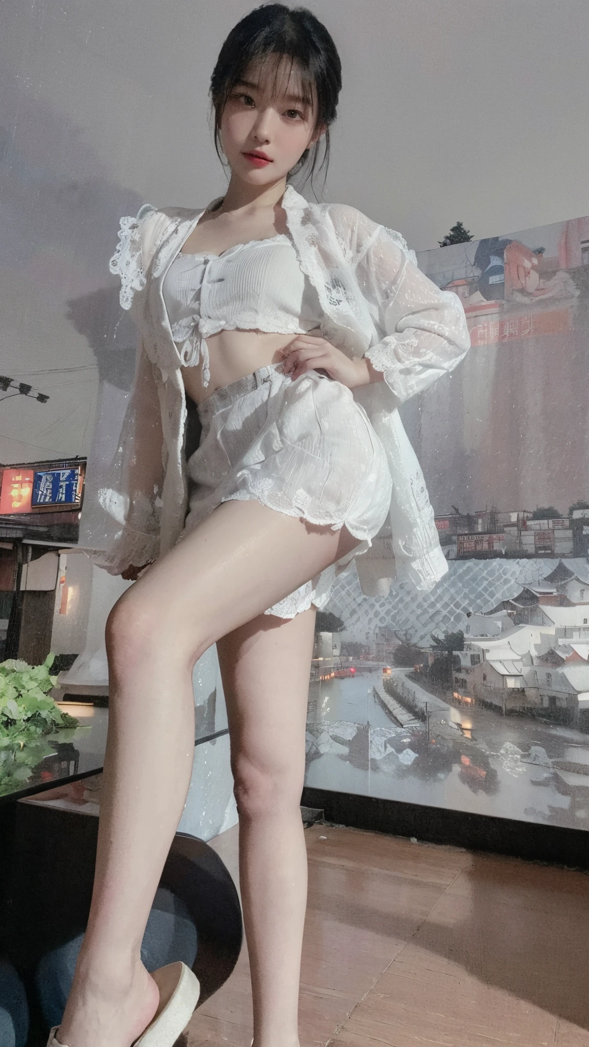 (The FW), 1womanl, Solo, 24 year old, 7headed body, (cute  face), (Ideal ratio body proportions), livingroom, (((Super Long Collar Shirt))), (((panties on))), ((The lower part of the body is bare)), long , Smiling smile, The costume is sheer,  Wet, short-hair, Dark hair, small tits, A slender, Small buttocks, Skinny Legs, surrealism, Cinematic lighting, depth of fields, One-person viewpoint, F/1.8, 135 mm, nffsw, masutepiece, ccurate, Anatomically correct, Textured skin, Super Detail, high details, High quality, awardwinning, Best Quality, hight resolution, 8K