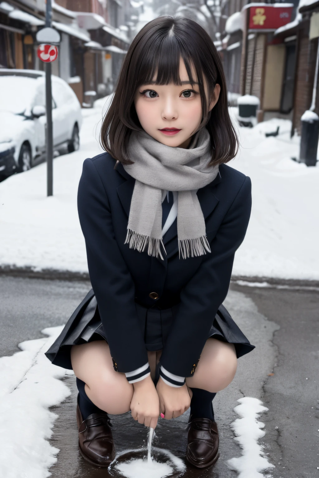 Masterpiece、top-quality、girl1、ultra-detailliert　A dark-haired、Blunt bangs　Schoolgirl Uniform、scarf、a short skirt、Leather shoes　are erect、pissing　Snow Town