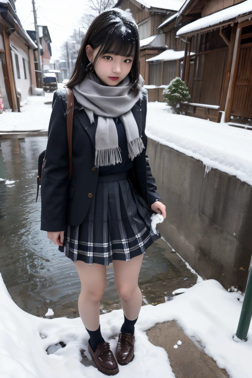 Masterpiece、top-quality、girl1、ultra-detailliert　A dark-haired、Blunt bangs　Schoolgirl Uniform、scarf、a short skirt、Leather shoes　are erect、pissing　Snow Town