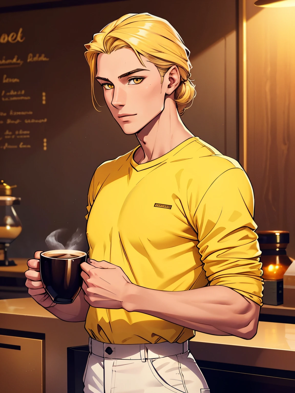 Tall slender European.., 22 years old.suntanned skin. Golden hair. Yellow eyes. dimples on the cheeks. White shirt and coffee-colored trousers.....