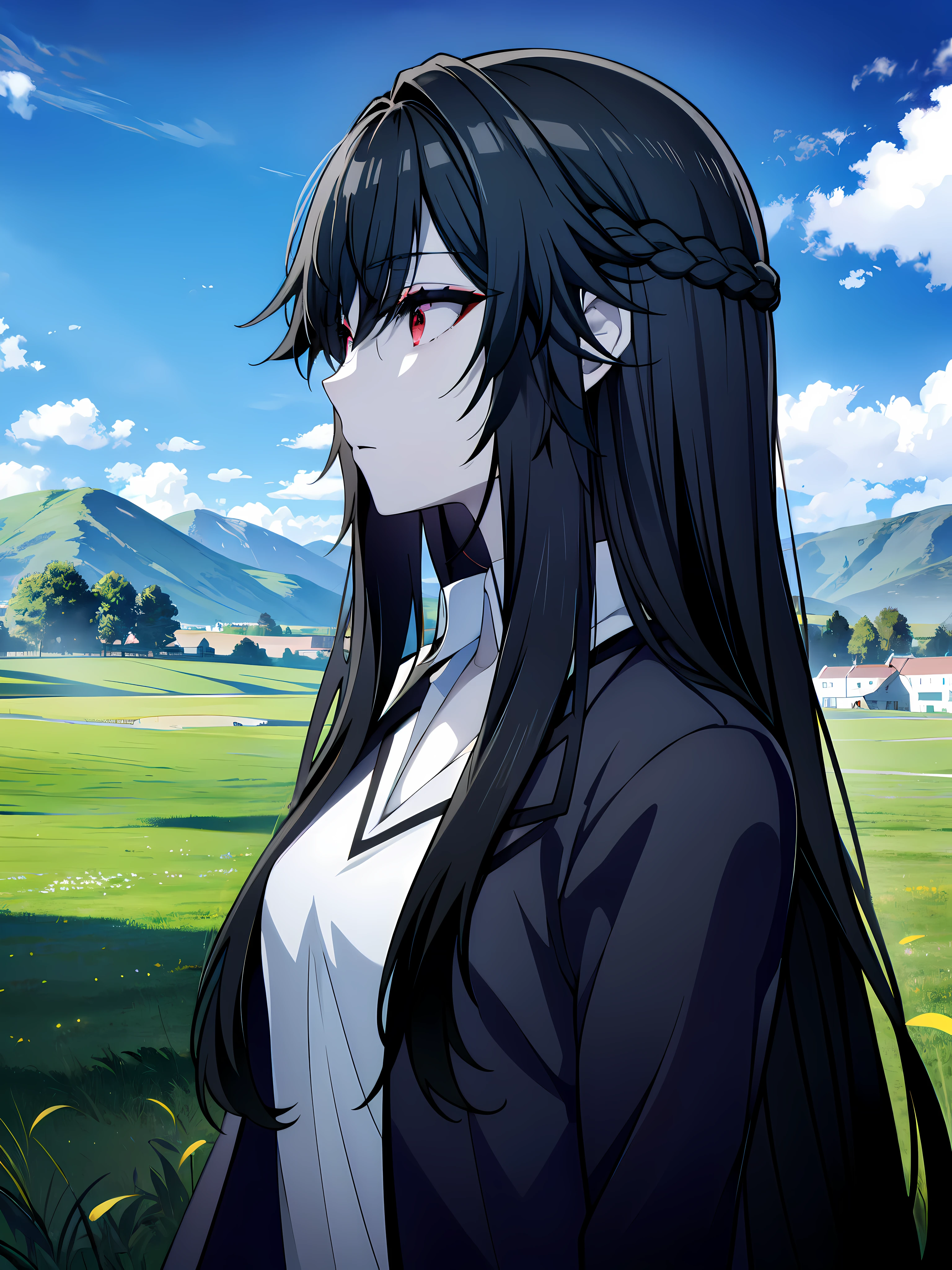 (masterpiece:1.2), (pale skin:1.2), (solo:1.2), (female:1.1), (emphasis lines:1.3), black hair, long hair, red eyes, outdoors, streets, (looking away), (grassy field), countryside, hills