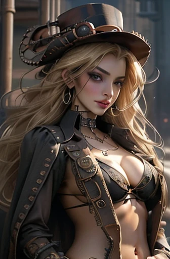 (best quality:1.6), (masterpiece:1.2), (realistic:1.4), (((perfect face))), (((beautifully detailed face))), (((ultra detail face))), (((Beautiful detailed eyes))), (((ultra detail eyes))), (((full body image))), (((beautiful face))), (((perfect eyes))), (((full body shot))), Detailed drawing, perfect anatomy, (High Resolution), (high detailed skin), ((top-quality)), ((High Definition)), high quality shadow, mostly cloudy sky, detailed background, ((Unbeatable masterpiece)), Maximum clarity and sharpness, Multi-layer Textures, Post-Processing, Anisotropic Filtering, octane render, two-tone lighting, professional photography, Realistic portrait, White balance, Long Exposure, Low ISO, 8K RAW, perfect hands, detailed fingers, Ray Tracing, Depth of Field, (((Photorealistic))), anatomically correct, (((Best Quality))), (((Super Detail))), (((UHD))), (front open shirt:1.2), (unbuttoned to the belly:1.4), (no bra:1.8), (oversized shirt:1.3), (open chest clothing), (open front), (open shirt), (shirt with wide open chest:1.4), (open chest wide), (front open-breasted), (exposed breasts:1.2), (((gothic eye makeup with so many eyelashes and jet black eyeshadow))), (showing slender figure with thin waist and beautiful stunning toned abs:1.4), (navel exposed), half-closed eyes, (Dark black eyeshadow with a gorgeous gothic feel), (((bare forehead))), (((bare foot))), (((bare legs))), (not wearing bra:1.2), (bare breasts:1.2), (brown skin:1.4), (steampunk:1.4), (light blonde hair:1.4), wearing silk hat, hanging boobs, long drooping, cinematic angle