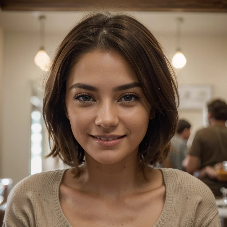 Beautiful brunette with blonde highlights in a beige sweater (in a café drinking soft drinkuy detailed, 22year old, Cara inocente, cabello ondulado natural, ojos azules, High resolution, Obra maestra, La mejor calidad, Intrincado alto detalle, Altamente detallado, foco nítido, Piel detallada, textura realista de la piel, textura, ojos detallados, profesional, 4k, sonrisa encantadora, filmado en Canon, 85 mm, poca profundidad de campo, Kodak Vision Color, Cuerpo de ajuste perfecto, extremadamente detallado, Cinematographer_\(ultra\), photoreallistic, Realstic, Postproceso, Maximum details, aspereza, vida real, ultra realista, Fotorrealismo, Cinematographer, 8k UHD, Cinematographer, brown short hair, drinking coffe, coffe in a hand,