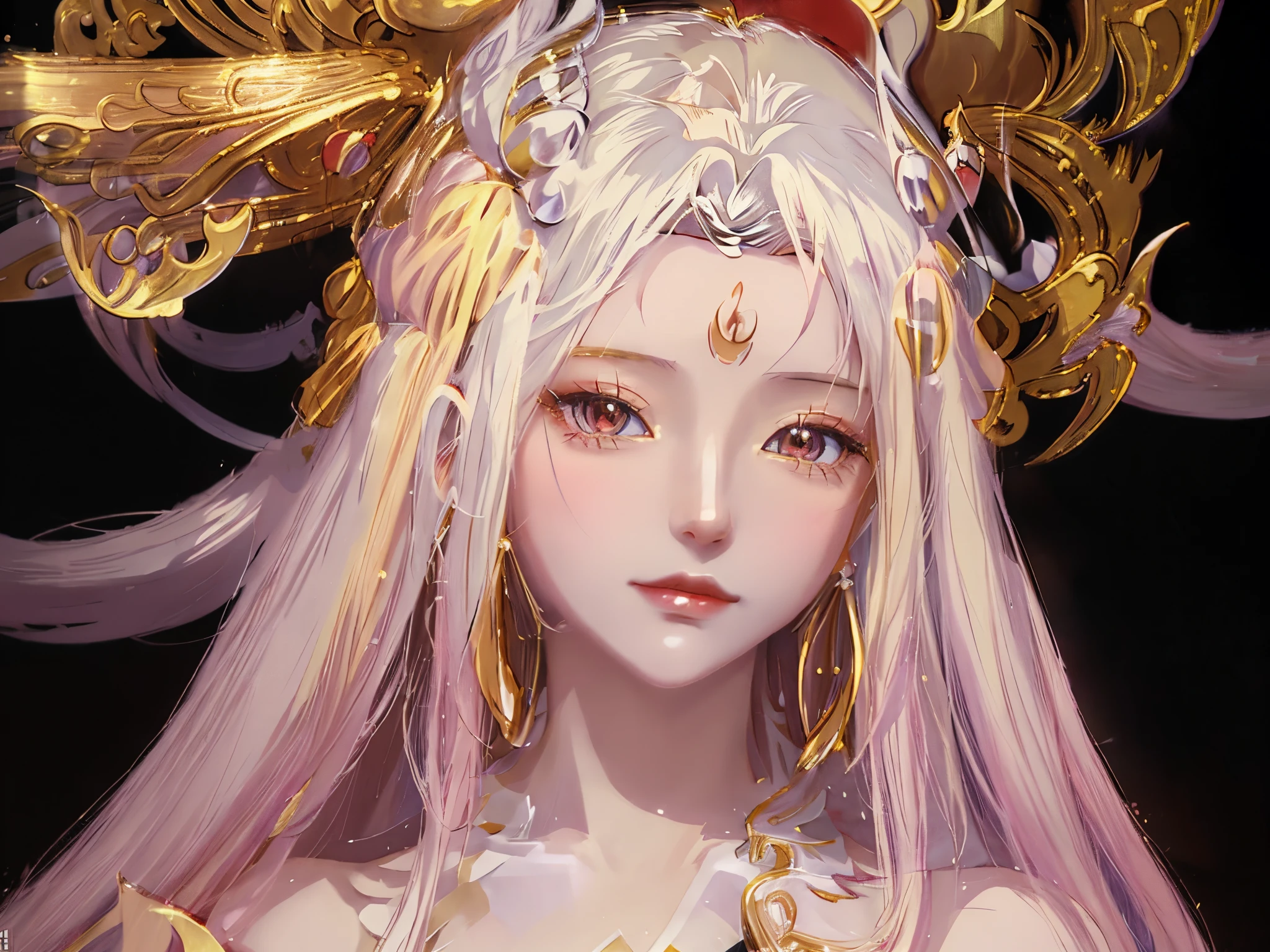 Anime girl with long blond hair and gold jewelry in front of black background, onmyoji detailed art, anime goddess, onmyoji portrait, onmyoji, white-haired god, the goddess artemis smirking, lunar goddess, Complex and gorgeous anime CGI style, beautiful fantasy empress, Works of the Goddess of Sorrow, lunar goddess, lunar goddess