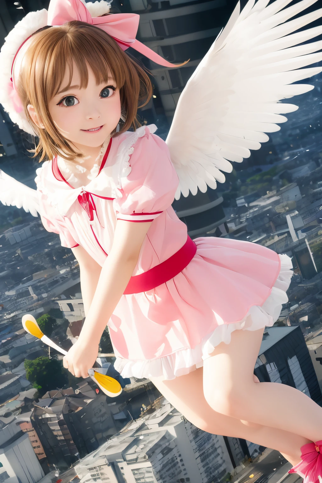 top-quality, 8K, ultra-detailliert, Photorealsitic, masuter piece, Best Quality, 超A high resolution, top-quality, Anime style, The best lighting, Beautiful face, kinomoto sakura, 1girl in, light brown hair, Short hair, Antenna Hair, pink headwear, Green eyes, frilld, Pink dress, Puffy Short Sleeves, White Gloves, Red bow, white thighhig, Kero-chan, There are small white feathers on the back, (Flying over the city:1.5), japanes, 14years