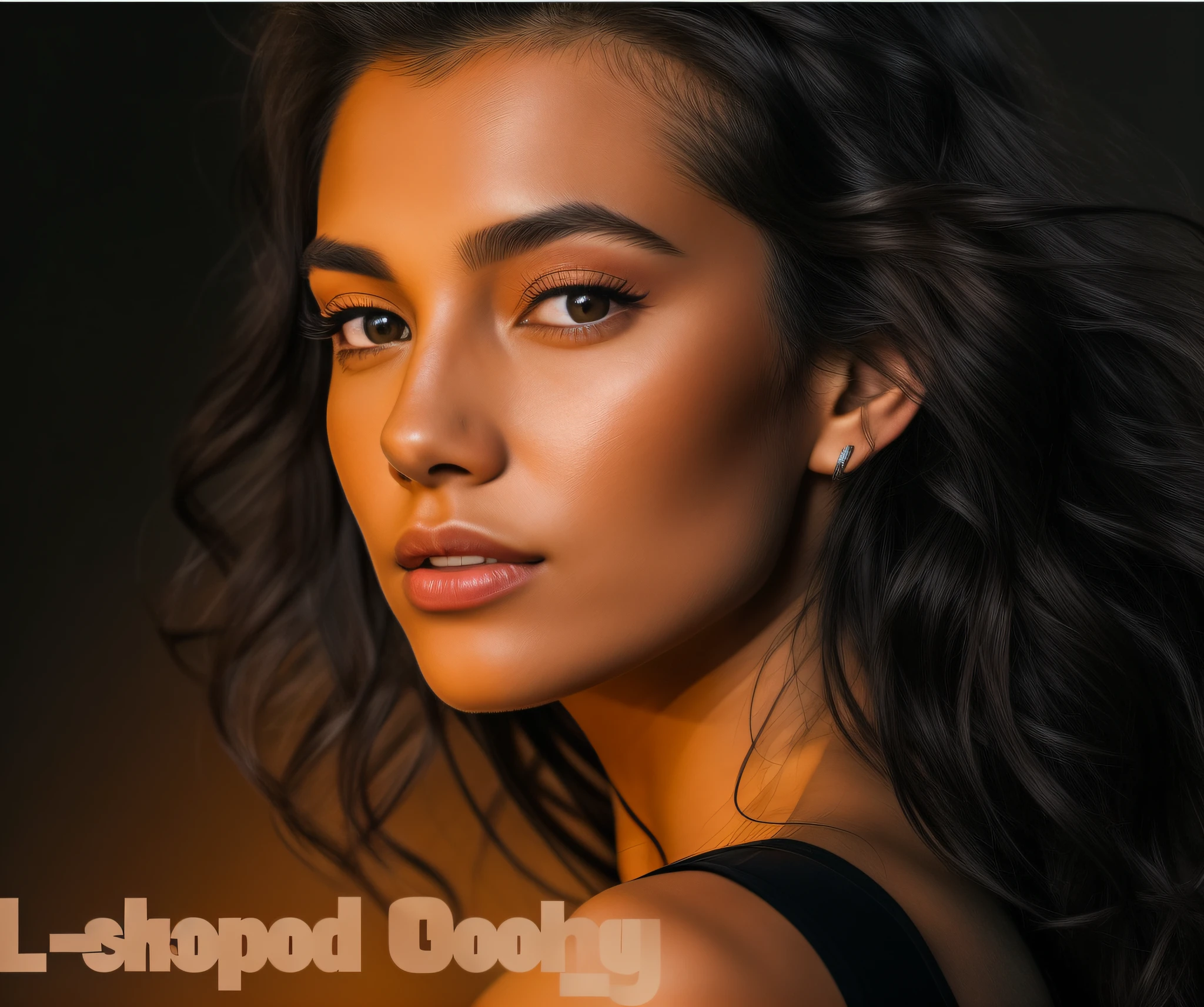 have long hair、woman in black top, toned shape, sharp shape, alien pictures, Shape Focus, Edited, shape, Sharp and detailed, Accurately shape your face, Edited, pointy nose,Rounded edges, Symmetrical shape, organic shapes, Oval shaped face, Hip shape, Professionally retouched, Shape your face, model photography, cosmetics