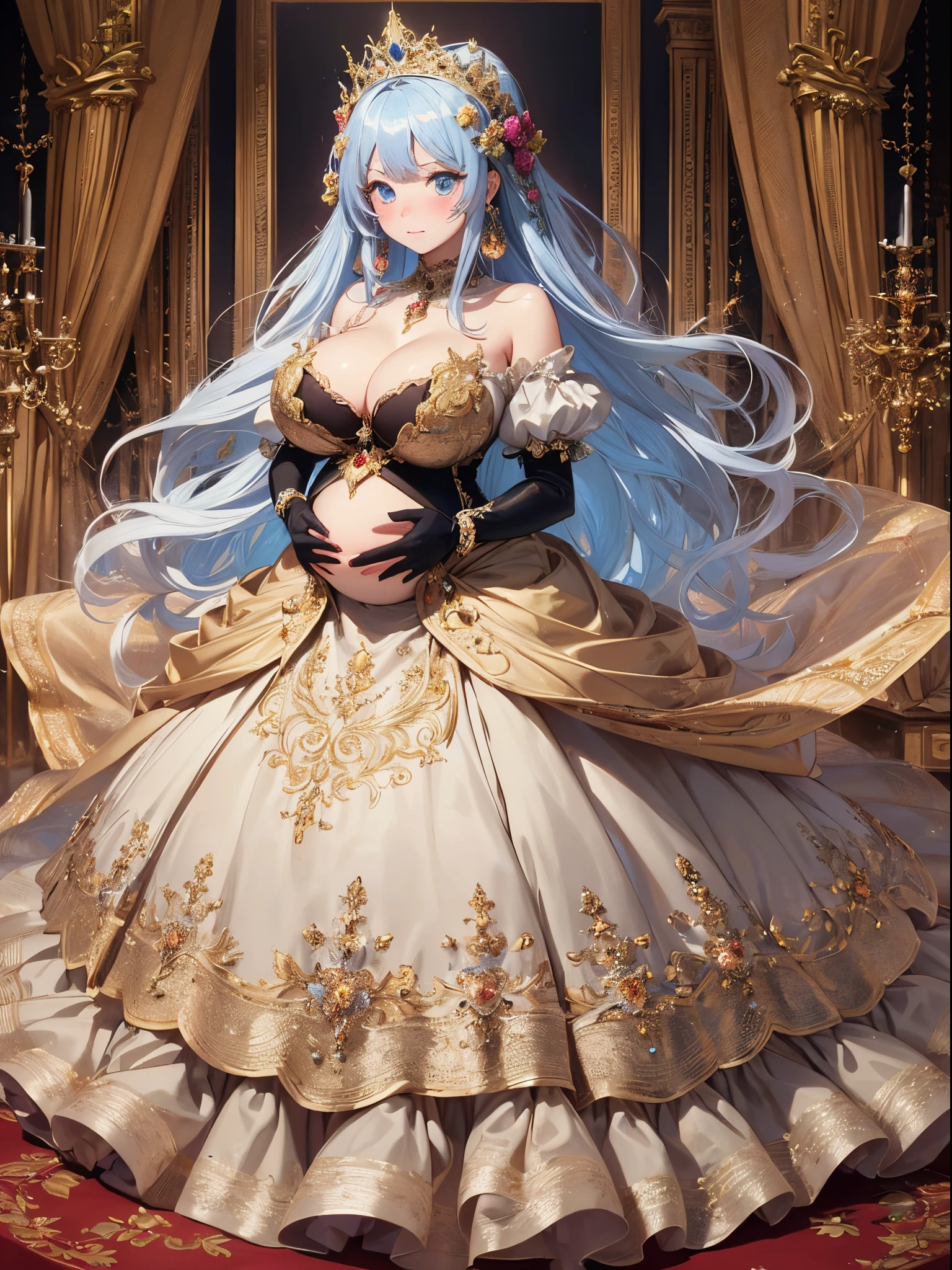 ultra-detailed, extremely detailed,((anime artstyle)),Masterpiece,(Best Quality),(Super Detail),(Very Delicate and Beautiful),((Solo)),((full body)),full body,((detailed face and eyes)),perfect eyes, rendered eyes,jewel-like beautiful eyes,((embarrassed,blush)),((1 pregnant princess in beautiful embroidery and jeweled gorgeous rococo ballgown with voluminous full length hoop skirt)),(((heavily pregnant))),((Crinoline,luxurious ruffles)),beautiful embroidery and jeweled gorgeous rococo ballgown with voluminous full length hoop skirt,(large amount of straight hair,extremely voluminous Very Long straight Hair,Absolutely Long Straight Hair),(((very gigantic boobs))),skindentation,Bursting breasts,cleavage,(fantasy castle,luxury palace),long_gloves,extremely gorgeousfull jeweled hair ornament,(bling-bling extremely gorgeousfull jeweled tiara),(luxurious jewelry),full body,beautiful embroidery and jeweled gorgeous rococo princess ballgown with voluminous full length hoop skirt